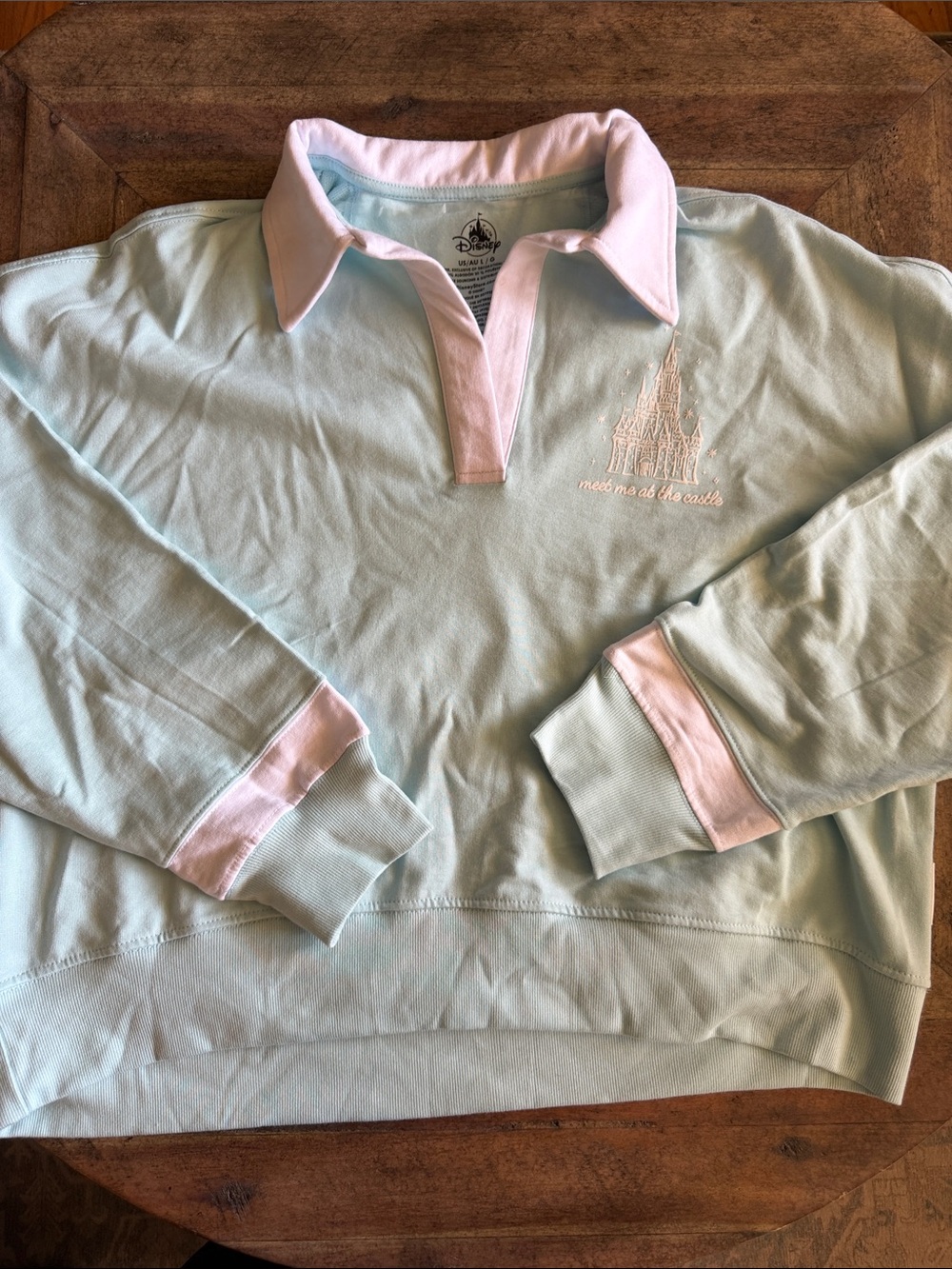 Disney Large Light Blue & White Polo Collar Sweatshirt with Castle NWT